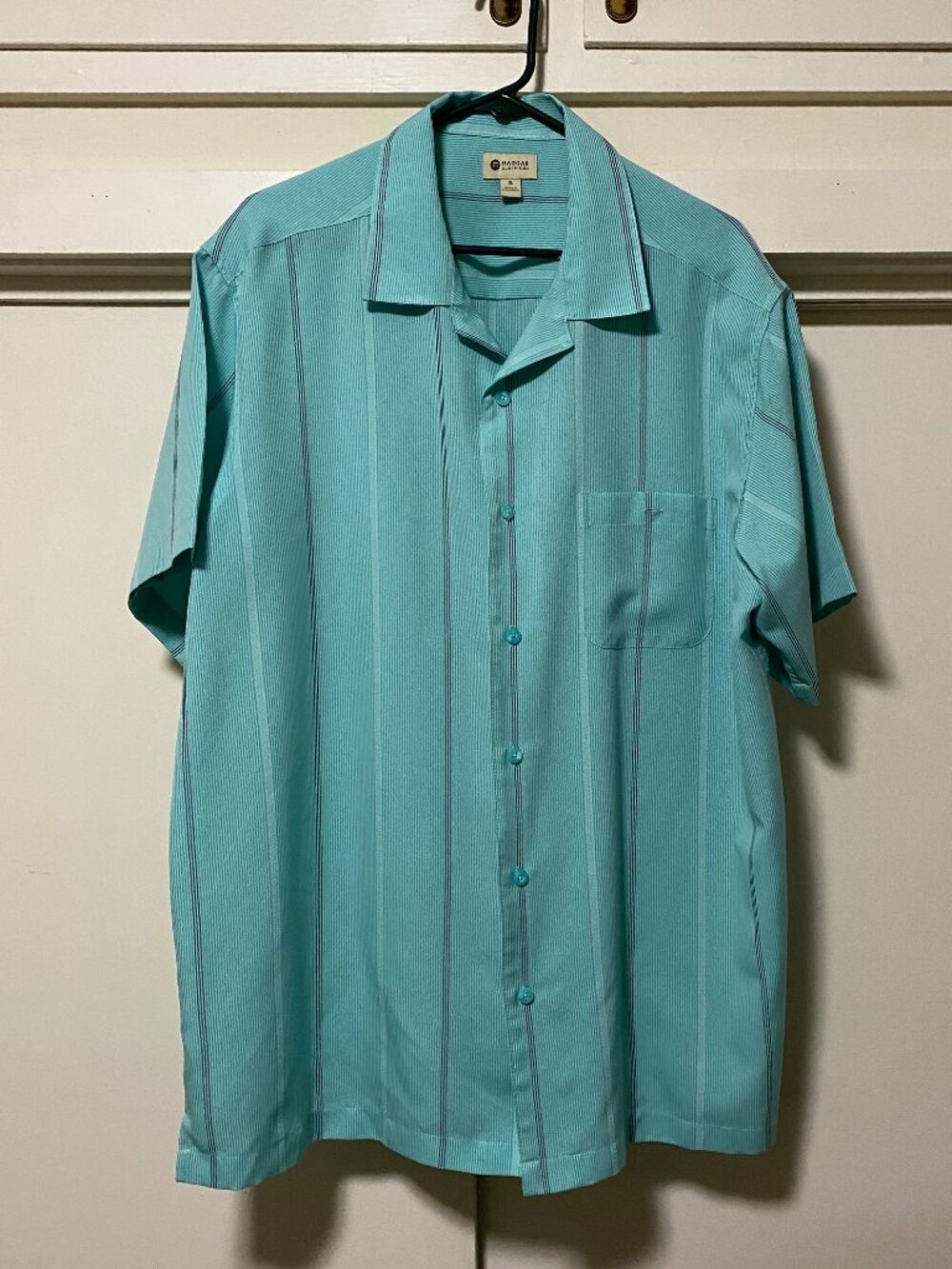 Haggar clothing, men's short sleeve, aquamarine shirt w/stripes, size XL
